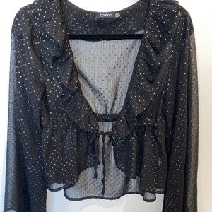 Gold Spot Ruffle Plunge Blouse
